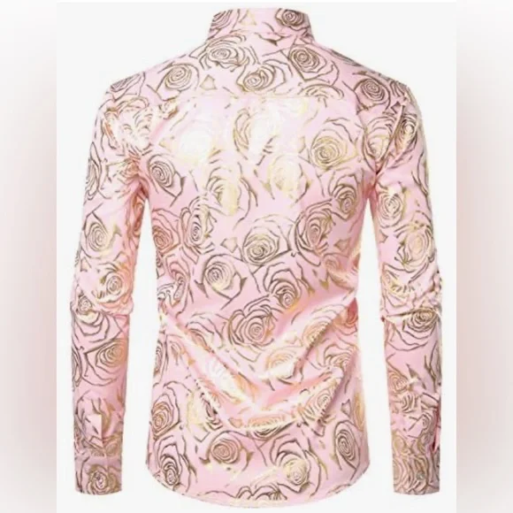 Zeroyaa Men’s Nightclub Slim Fit Pink/Gold Print XL Button Down Long Sleeve - Picture 2 of 11